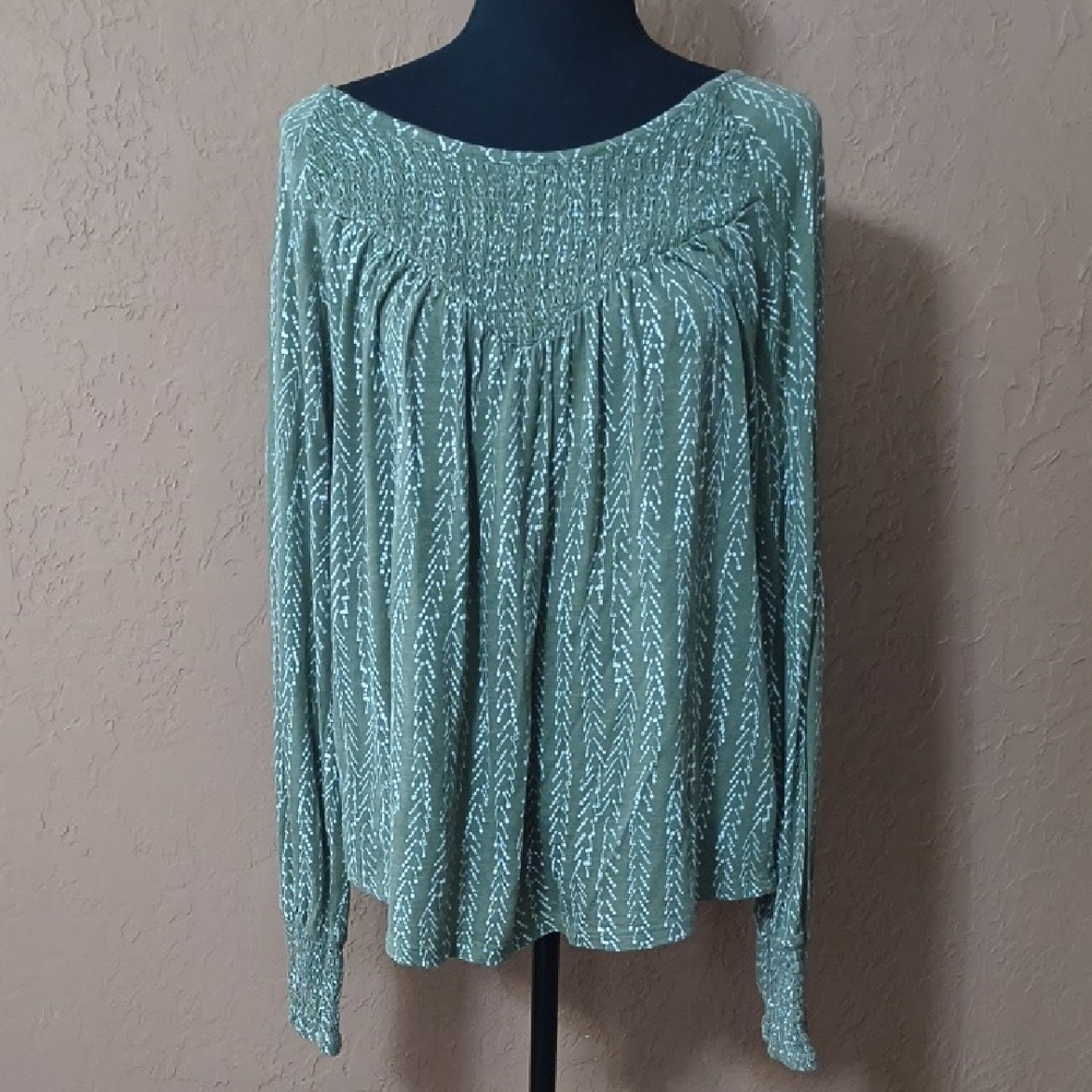 Lucky Brand Women's Green Boho Long Sleeve Smocked Top Size L